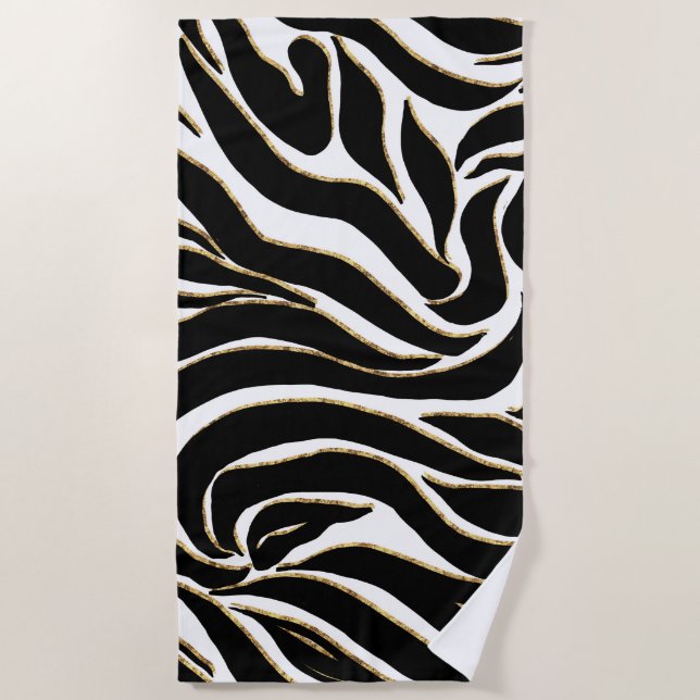 Elegant Black Gold Zebra White Animal Print Strandtuch (Vorderseite)
