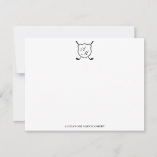 Elegant Black Golf Monogram Crest Flat Note Card Mitteilungskarte