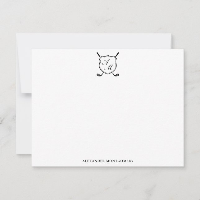 Elegant Black Golf Monogram Crest Flat Note Card Mitteilungskarte (Vorderseite)