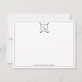 Elegant Black Golf Monogram Crest Flat Note Card Mitteilungskarte