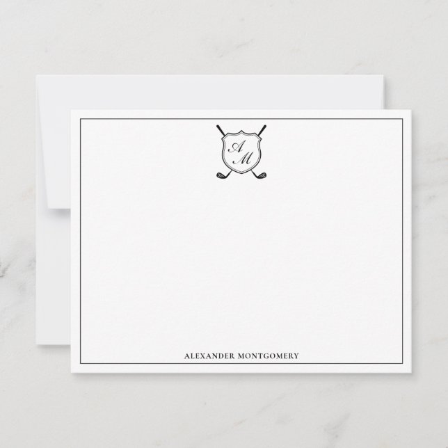 Elegant Black Golf Monogram Crest Flat Note Card Mitteilungskarte (Vorderseite)