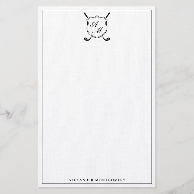 Elegant Black Golf Monogram Crest Stationery Briefpapier (Vorderseite)