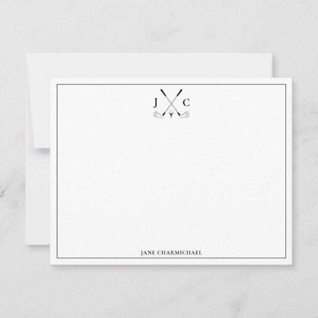 Elegant Black Golf Monogram Flat Note Card Mitteilungskarte (Vorderseite)