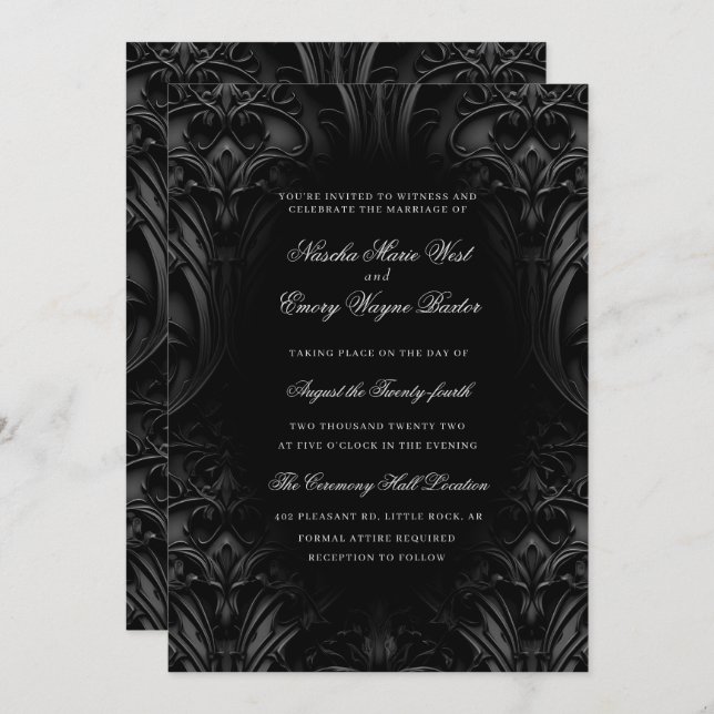 Elegant Black Gothic Damask Moody Wedding Einladung (Vorne/Hinten)