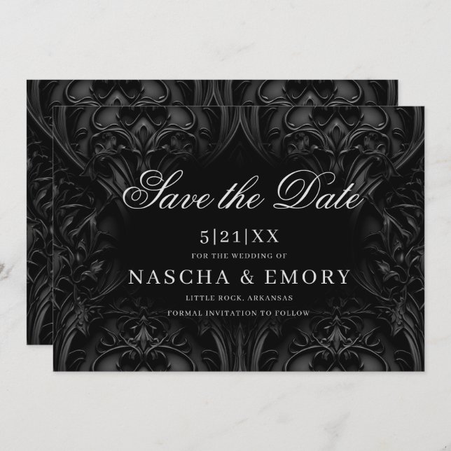 Elegant Black Gothic Damask Moody Wedding Save The Date (Vorne/Hinten)