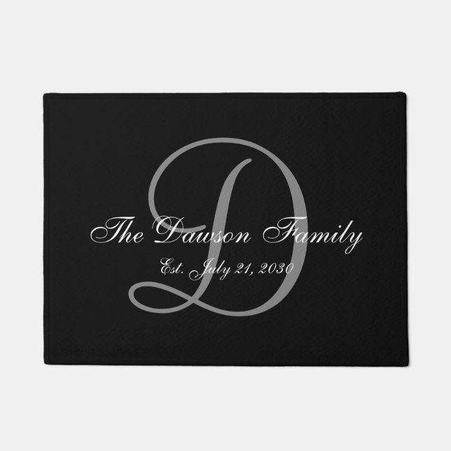 Elegant Black Gray Monogram Name Newlyweds Wedding Fußmatte (Vorderseite)