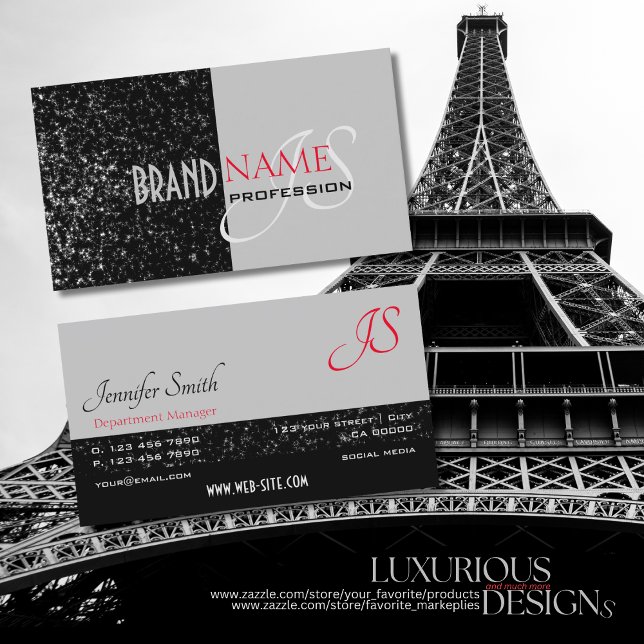 Elegant Black Gray Tiny Glittered Stars Initials Visitenkarte (Von Creator hochgeladen)