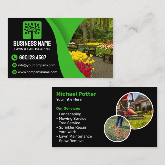 Elegant Black Green Landscaping Lawn Care Service Visitenkarte (Vorne/Hinten)