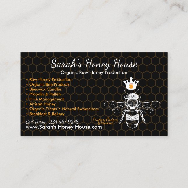 Elegant Black Honeycomb Professional Honey Bee Visitenkarte (Vorderseite)