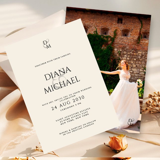 Elegant Black & Ivory Monogram Wedding Photo Einladung (Von Creator hochgeladen)