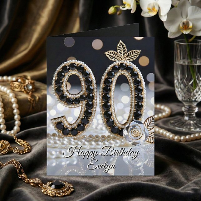 Elegant Black Jewels Pearls And Gold 90th Birthday Karte (Von Creator hochgeladen)