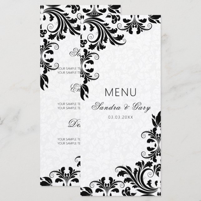 Elegant Black Lace White Damasks Menükarte (Vorne/Hinten)