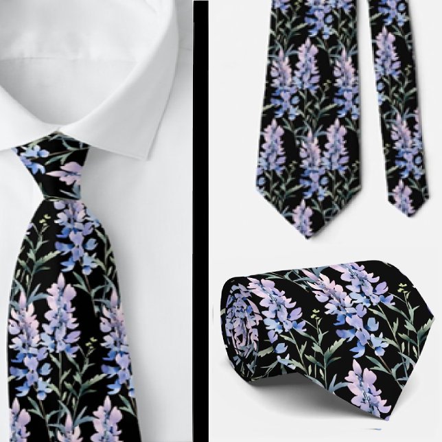 Elegant Black Light Blue Wildblumen Neck Tie Krawatte (Von Creator hochgeladen)