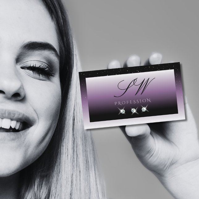 Elegant Black Lila Ombre Sparkle Jewels Initials Visitenkarte (Von Creator hochgeladen)