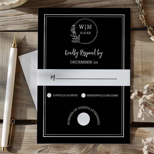 Elegant Black Line Drawing Monogram Wedding RSVP Karte (Elegant Black Line Drawing Monogram Wedding RSVP Card)