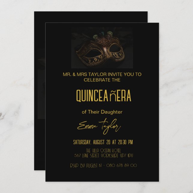 Elegant Black Masquerade Quinceañera 15 Geburtstag Einladung (Vorne/Hinten)