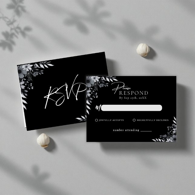 Elegant Black Minimalist Floral Wedding RSVP Mitteilungskarte (Elegant Black Minimalist Floral Wedding RSVP Note Card)