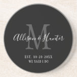 Elegant Black Monogram Establishment Newlyweds Getränkeuntersetzer<br><div class="desc">Mit diesen eleganten Black Monogram Established Newlyweds Untersetzer verleihen Sie Braut und Bräutigam ein perfektes Geschenk. Das ist ein modernes, individualisierbares Design in Schwarz, Weiß und Grau. Die ersten Namen von Braut und Bräutigam stehen im Zentrum der modernen weißen Schrift Schrift, und der Anfang des neuen Nachnamens ist grau. Das...</div>