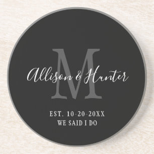 Elegant Black Monogram Establishment Newlyweds Getränkeuntersetzer