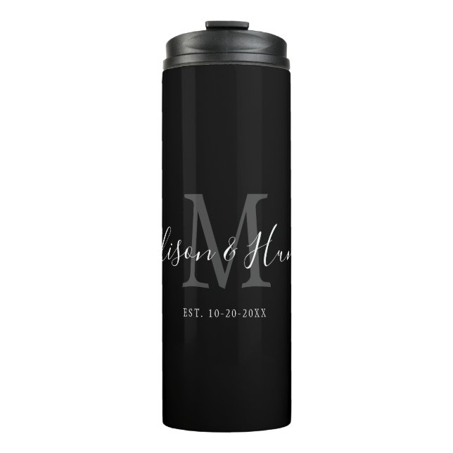 Elegant Black Monogram Newlywed Wedding Thermosbecher (Vorderseite)