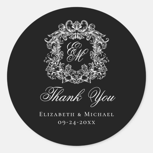 Elegant Black Monogram Wedding Crest Thank You Runder Aufkleber (Vorderseite)
