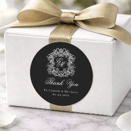 Elegant Black Monogram Wedding Crest Thank You Runder Aufkleber