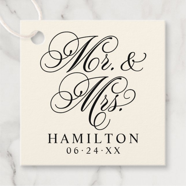 Elegant Black Mr. und Mrs. Script Custom Monogram Geschenkanhänger (Vorderseite)
