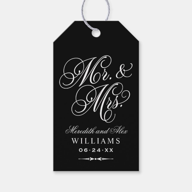 Elegant Black Mr. und Mrs. Script Custom Monogram Geschenkanhänger (Vorderseite)