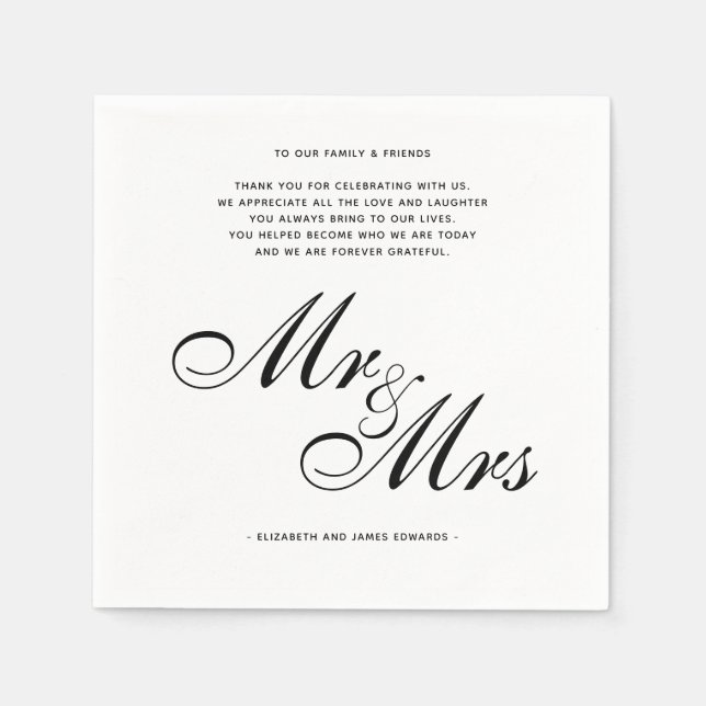 Elegant Black Mr. und Mrs. Wedding Danksagung Serviette (Vorderseite)