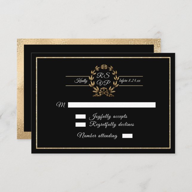 Elegant Black n Gold Wreath Script Calligraphy RSVP Karte (Vorne/Hinten)