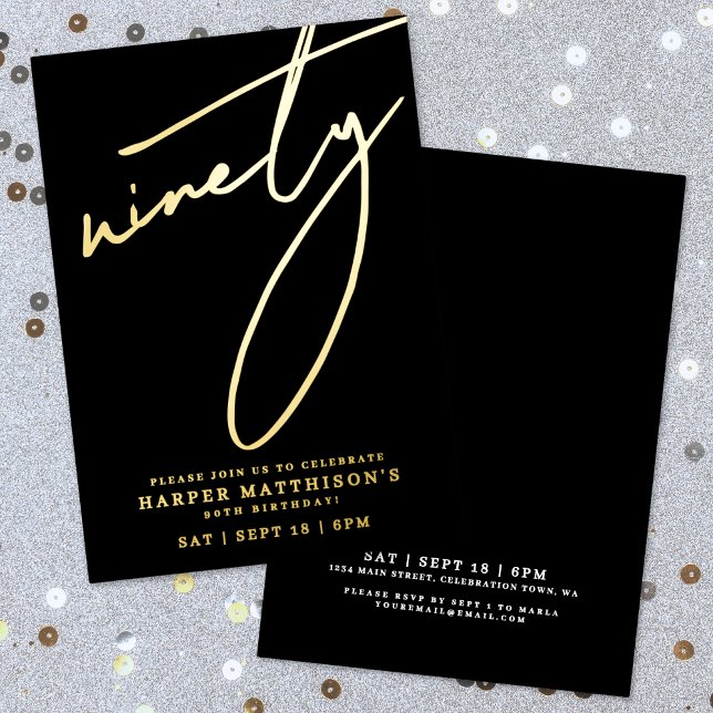 Elegant Black Ninety 90th Birthday Gold Folieneinladung (Elegant Black Ninety 90th Birthday Gold Foil Invitation)