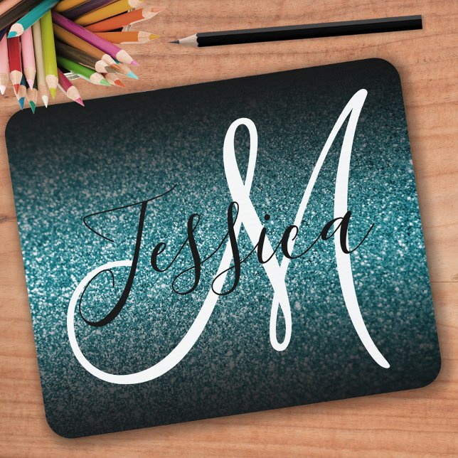 Elegant Black Ombre Aquamarin Glitzer Monogram Mousepad (Von Creator hochgeladen)