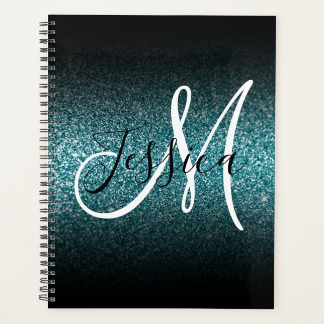 Elegant Black Ombre Aquamarin Glitzer Monogram Planer (Vorderseite)