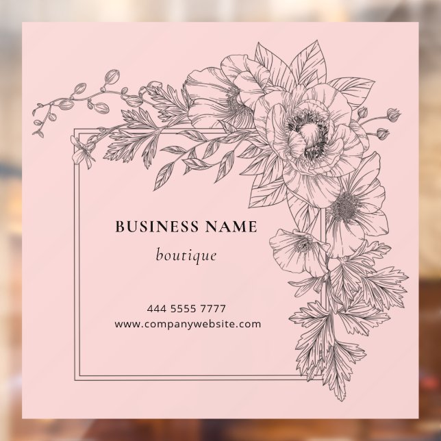Elegant Black on Pink Floral Frame Salon Boutique  Fensteraufkleber (Blatt 2)