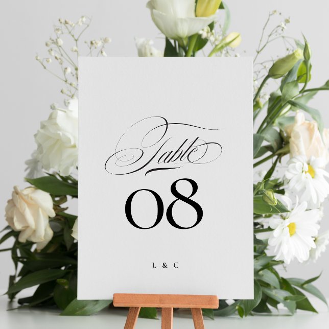 Elegant Black on White Calligraphy Wedding Tischnummer (Von Creator hochgeladen)
