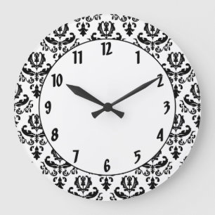 Elegant Black on White Damask Große Wanduhr
