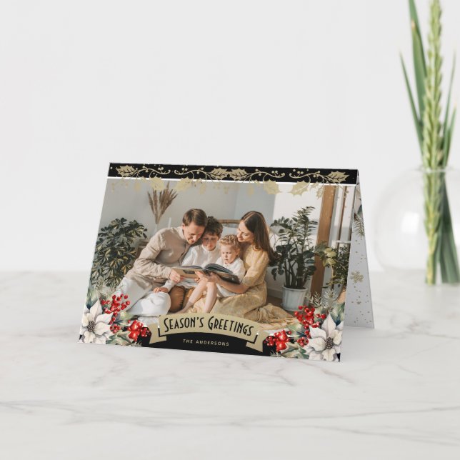 Elegant Black Photo Holly Red Berries Poinsettia Karte (Vorderseite)