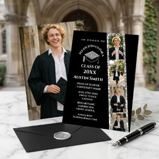 Elegant Black Photo Strip Graduation with Glitter Einladung