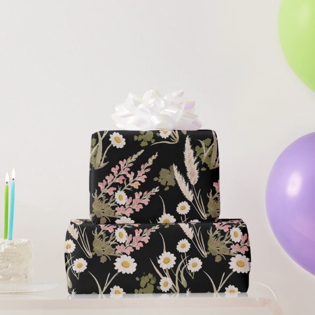 Elegant Black Pink Daisy Pampas Grass Snapdragon Geschenkpapier (Partygeschenke)