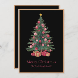 Elegant Black Pink Watercolor Christmas Tree Feiertagskarte