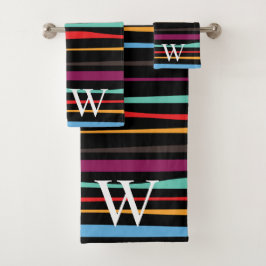 Elegant black purple and yellow stripes monogram badhandtuch set