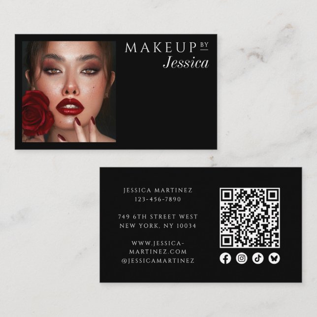 Elegant Black QR Code Social Icons Photo Makeup Visitenkarte (Vorne/Hinten)