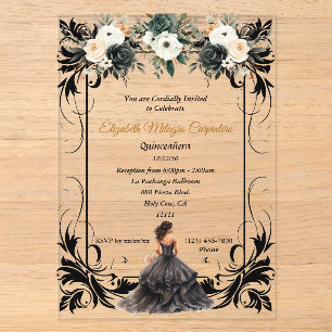 Elegant Black Quinceañera Floral Acryleinladungen