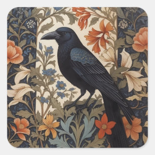 Elegant Black Raven William Morris Inspiriert Quadratischer Aufkleber