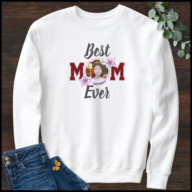 Elegant Black & Red Best Mom Ever 1 Photo Name Sweatshirt (Von Creator hochgeladen)