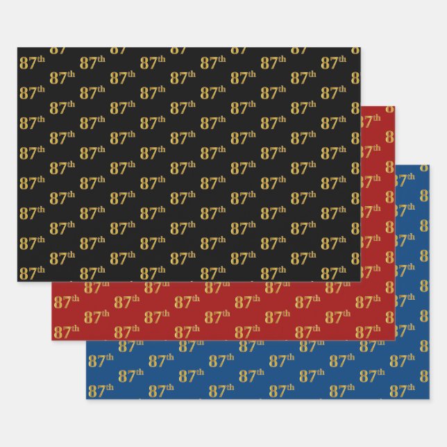 Elegant Black, Red, Blue, Imitate Gold 87. Event # Geschenkpapier Set (Set)