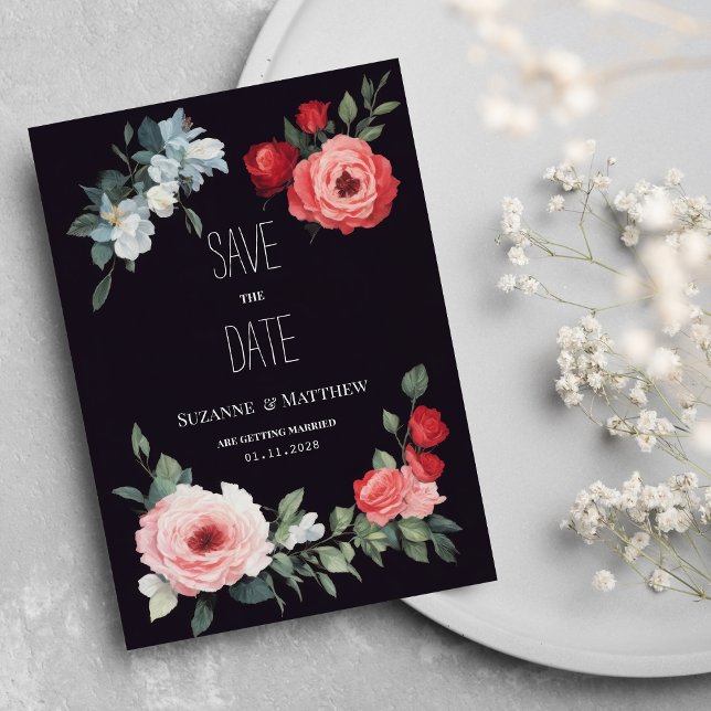 Elegant black red pink blue roses Save the Date Einladung (Elegant black red pink blue roses Save the Date)
