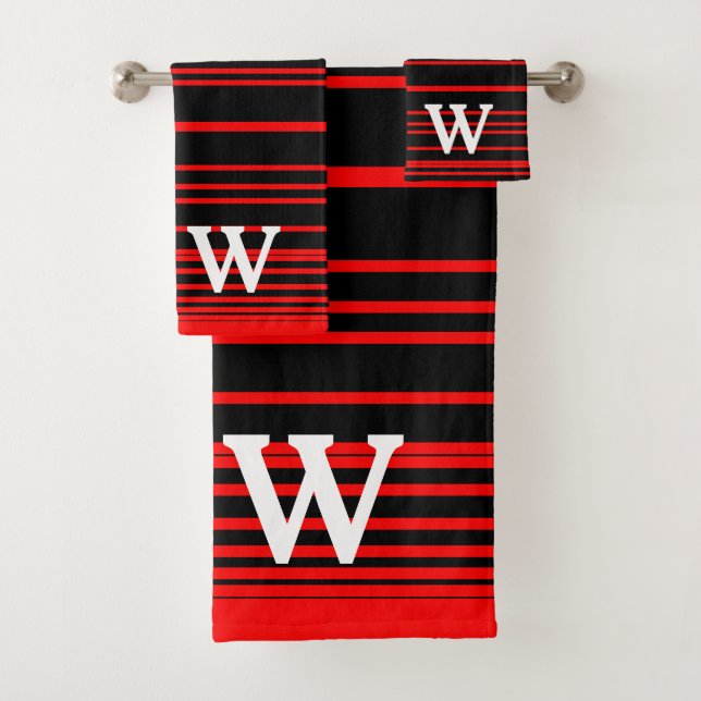 Elegant black &red stripes Pattern  monogram Badhandtuch Set (Insitu)