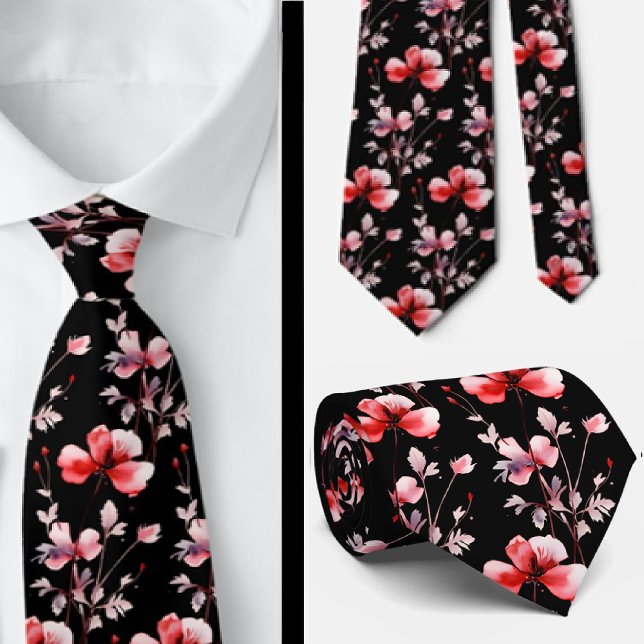 Elegant Black Red Wildblumen Neck Tie Krawatte (Von Creator hochgeladen)