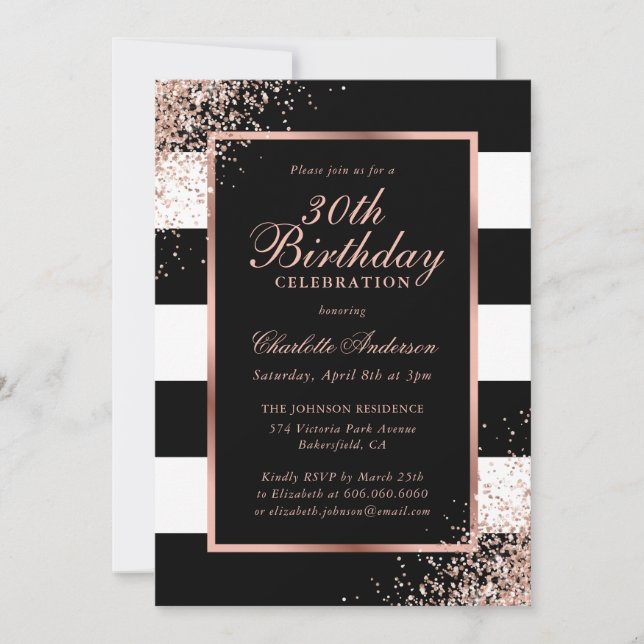 Elegant Black Rose Gold Confetti 30. Geburtstag Einladung (Vorderseite)